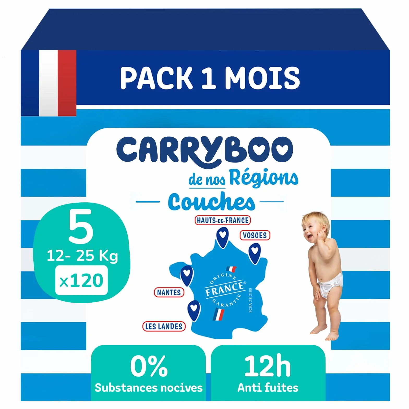 CARRYBOO Couches Taille 5 (12-25kg) 120 Couches Jetables Ultra Absorbantes 12h Anti Fuites Fabriquées en France