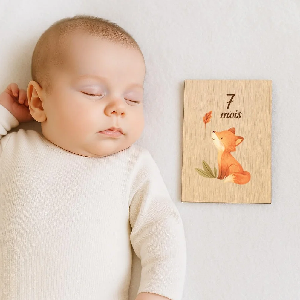 Cartes étapes bébé originales bois recto verso – Lot 12 mois – Motif renard – Accessoire photo naissance
