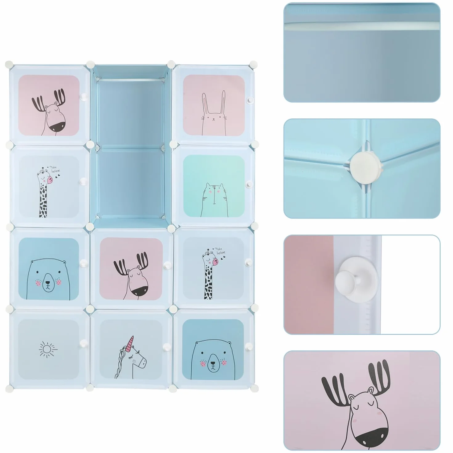 Armoire De Rangement Enfant 12 Cubes avec Portes, Meuble Cube pour Jouets, Vêtements, Chaussures Bleu 110x37x145cm
