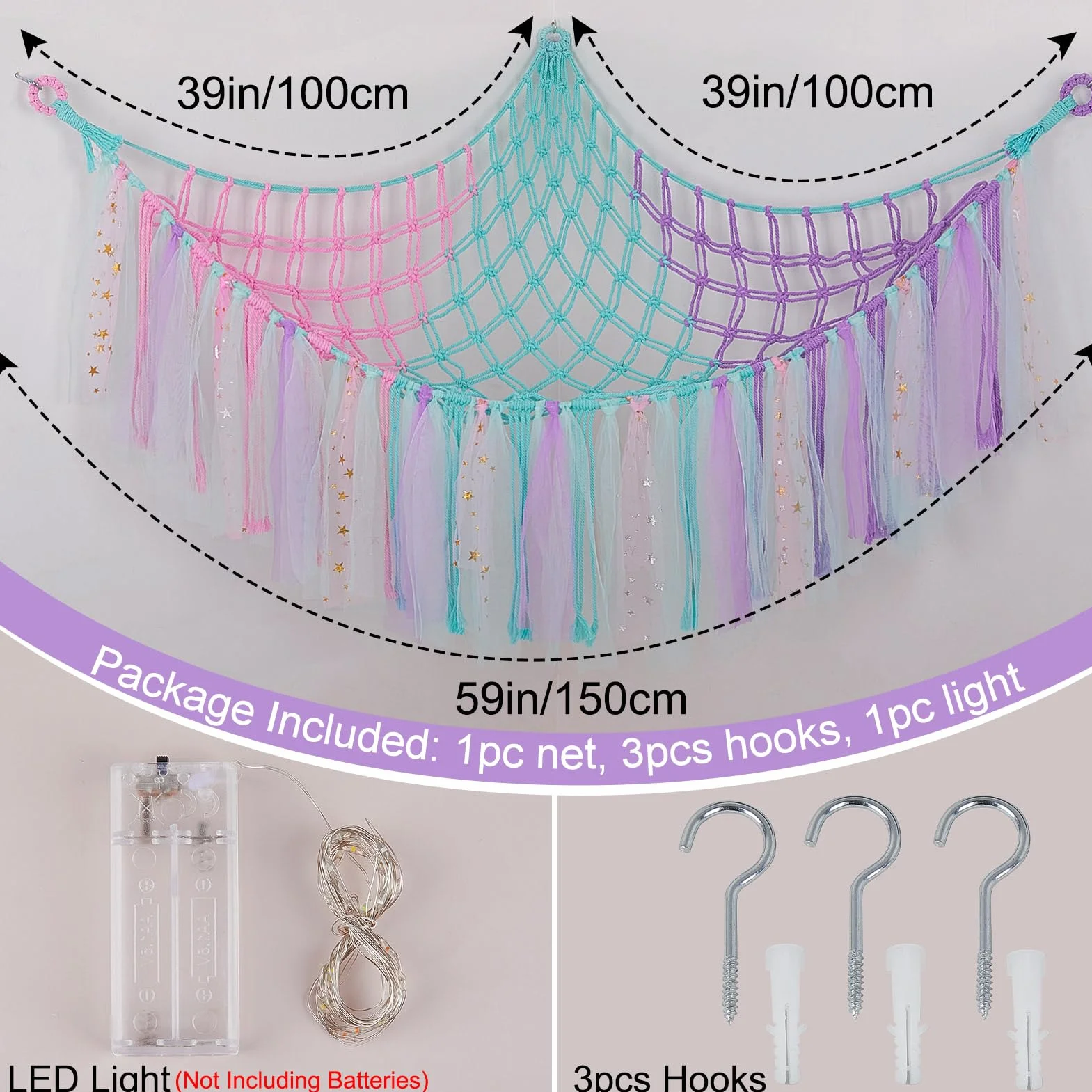 Hamac pour jouets en peluche - Filet de rangement suspendu avec lumière LED - Organiseur en macramé tissé à la main