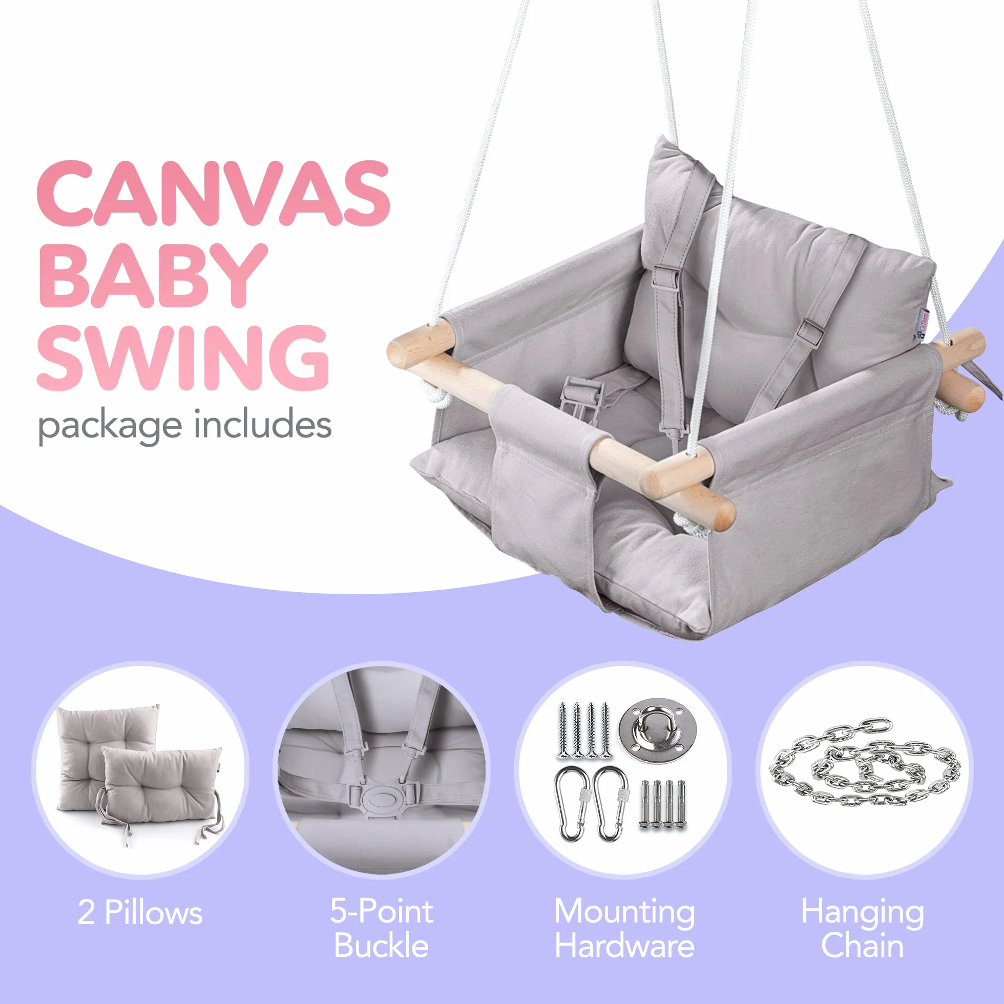 Balançoire pour bébé en Toile Suspendue en Bois avec Ceinture de sécurité Chaise hamac Durable Gris Taupe