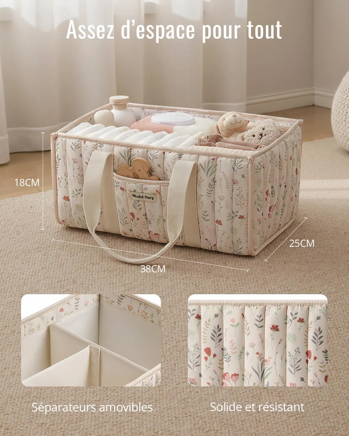 Blissful Diary Panier Rangement Bébé Organiseur Couches Table à Langer Fleurs Beiges