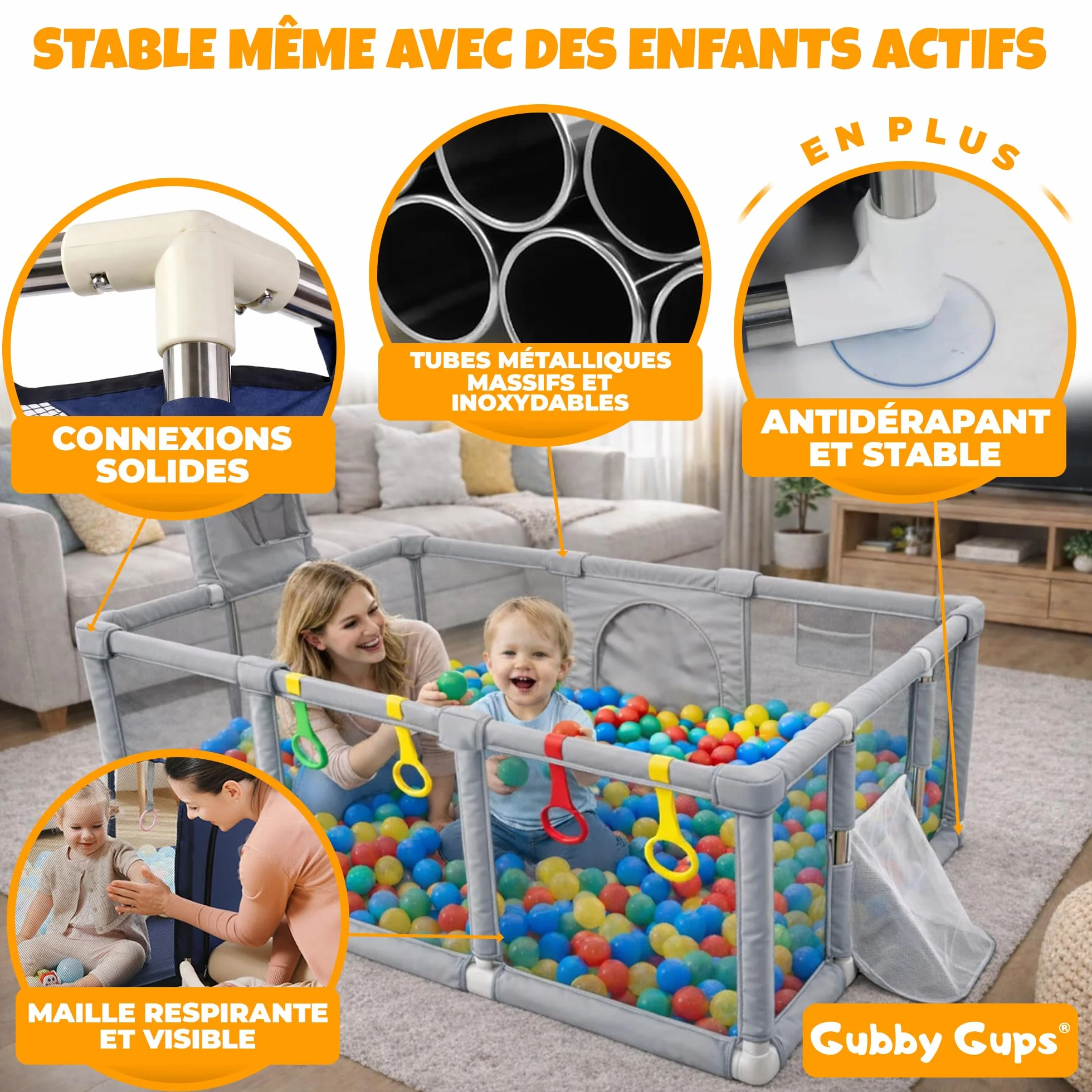 Parc bébé XXL 180x122 cm avec panier de basket et but de football Gubby Gups