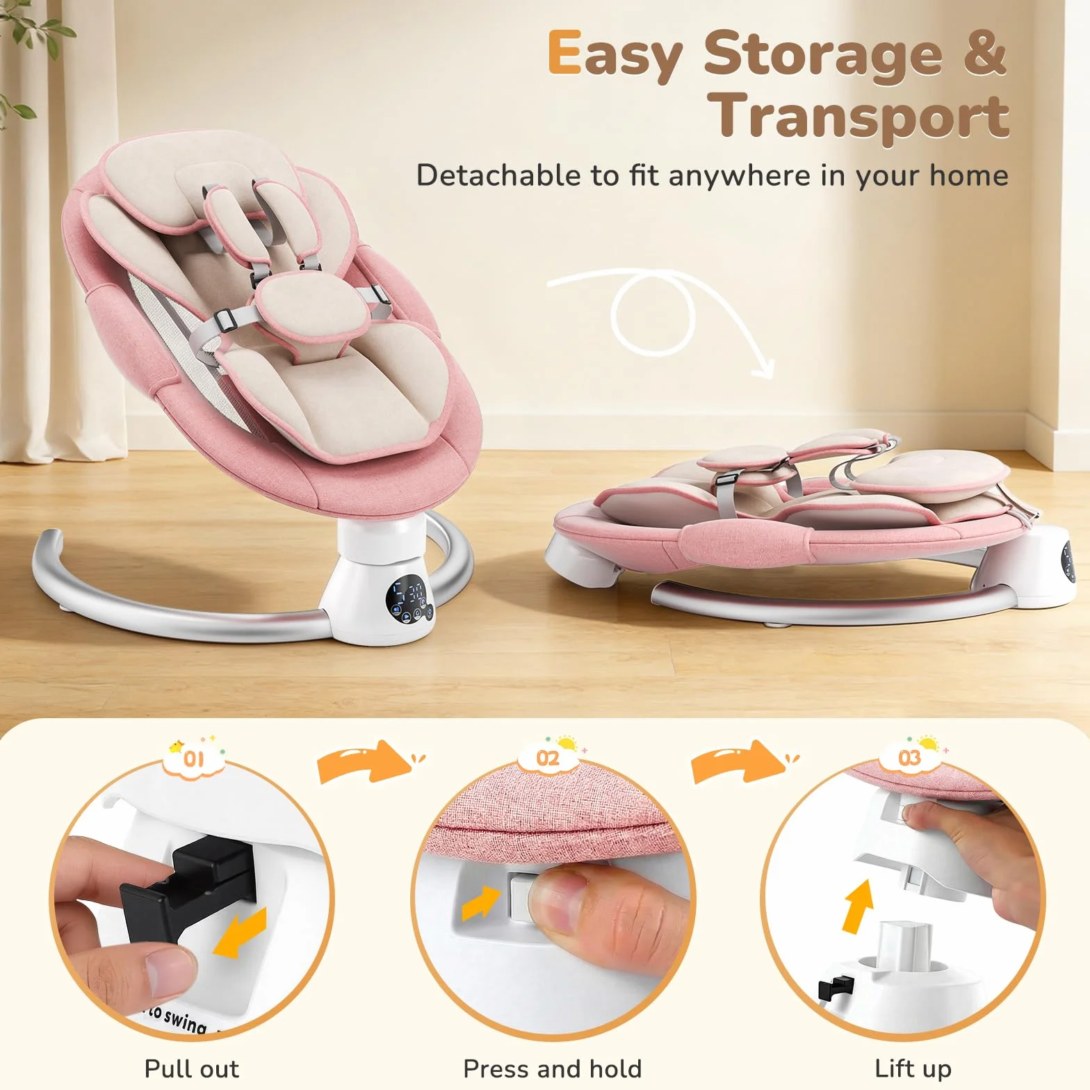 Balançoire Électrique pour Bébé Transat avec Dossier Réglable 2 Niveaux, Bluetooth, 12 Sons, Télécommande, 2 Alimentations (Rosa)