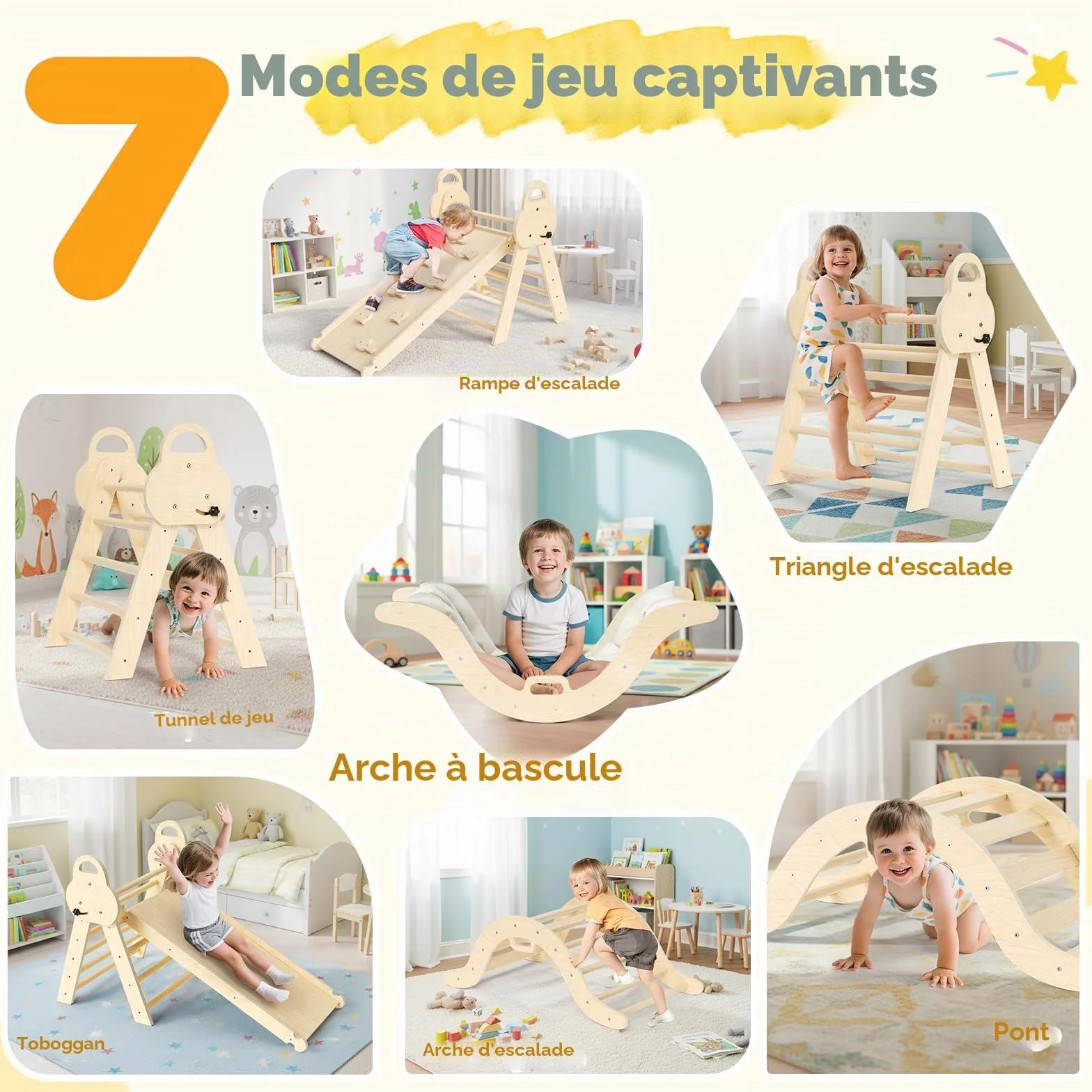 Kit de portique d'escalade Montessori 7 en 1 triangle d'escalade d'intérieur arche avec coussin et toboggan jouet en bois pour 1 à 5 ans