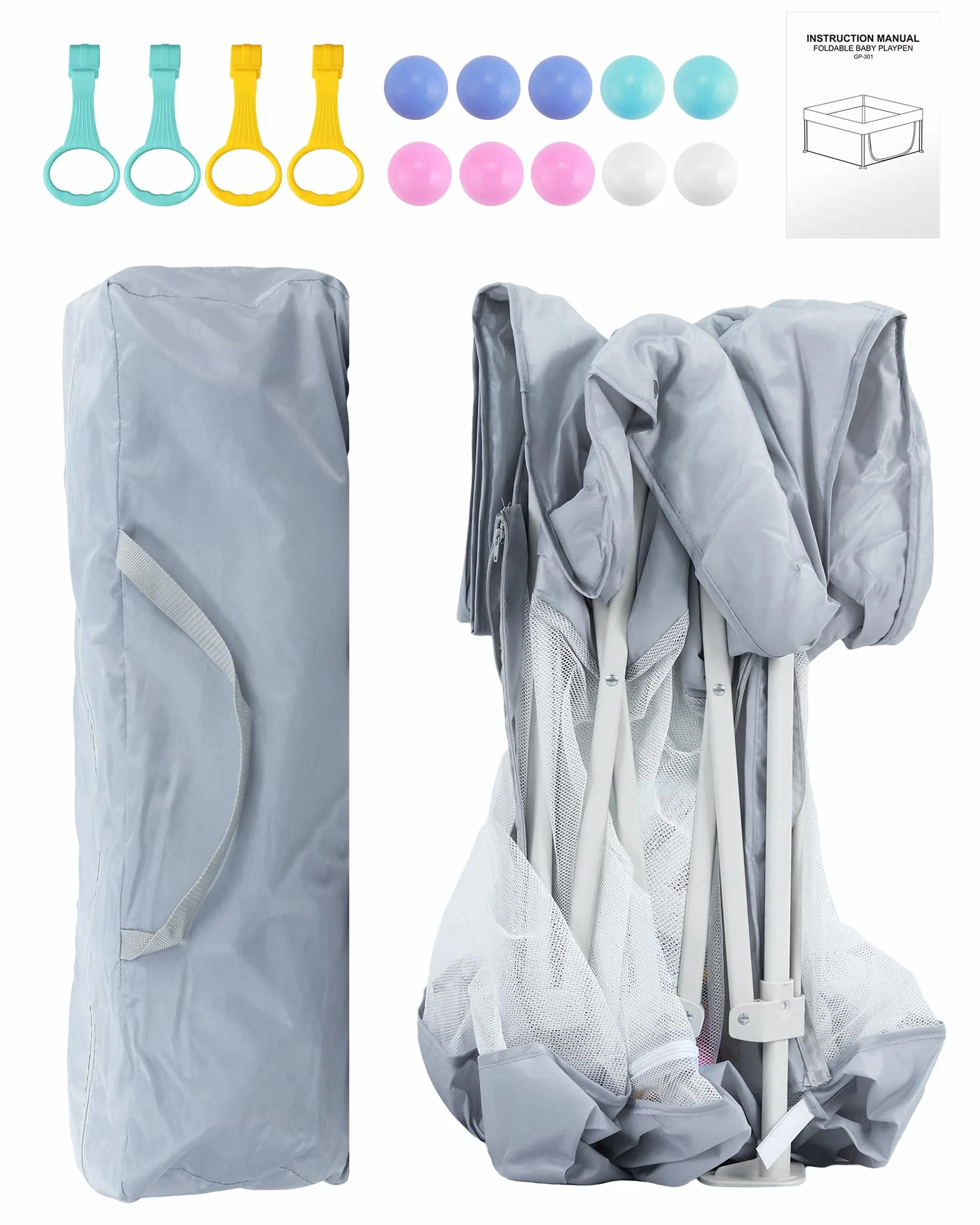 eSynic Parc Bébé Pliable 120x120cm avec 10 Boules et 4 Poignées Gris