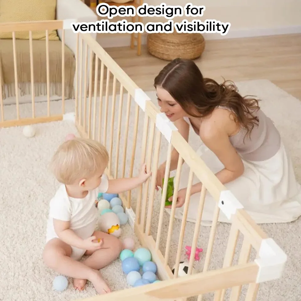 Parc Bébé Modulable en Bois de Pin Massif 120x160/140x140cm - Parc Enfant Non Peint Sécurisé avec Porte