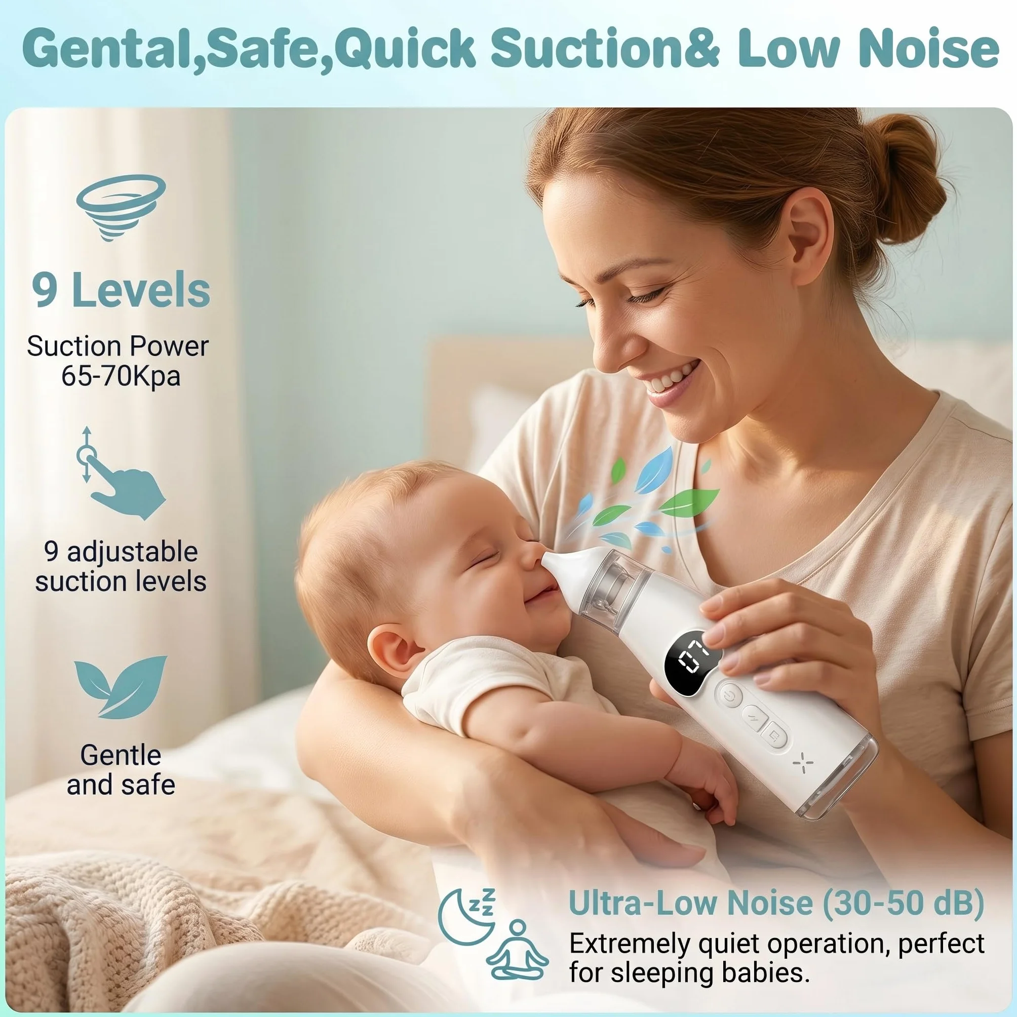 Aspirateur Nasal Bébé 60Kpa avec Écran LCD, 9 Niveaux d'Aspiration, Rechargeable USB-C, Silencieux <60dB, Anti-reflux