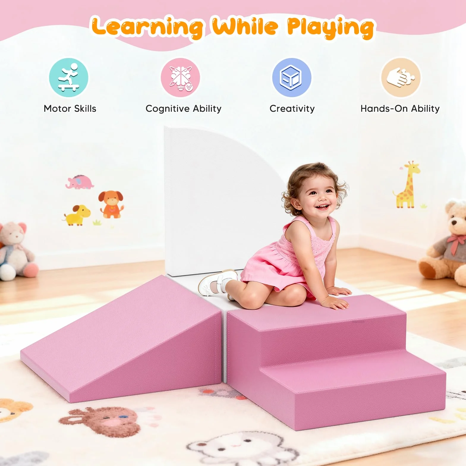 Blocs de construction en mousse pour enfants, grands blocs souples antidérapants, escalade bébé intérieur, rose et blanc