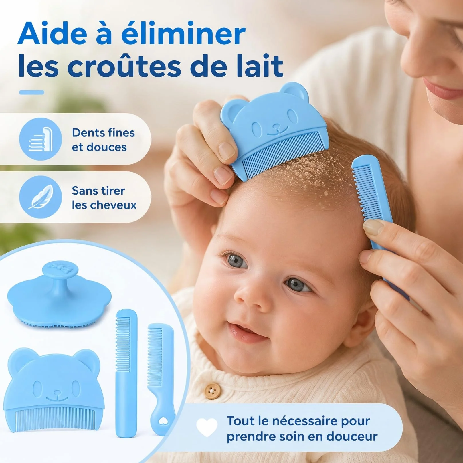 Lot de 4 Brosses et Peignes pour Bébé Anti-Croûte de Lait, Brosse à Cheveux Bébé, Peigne Doux pour Nettoyage et Massage du Cuir Chevelu