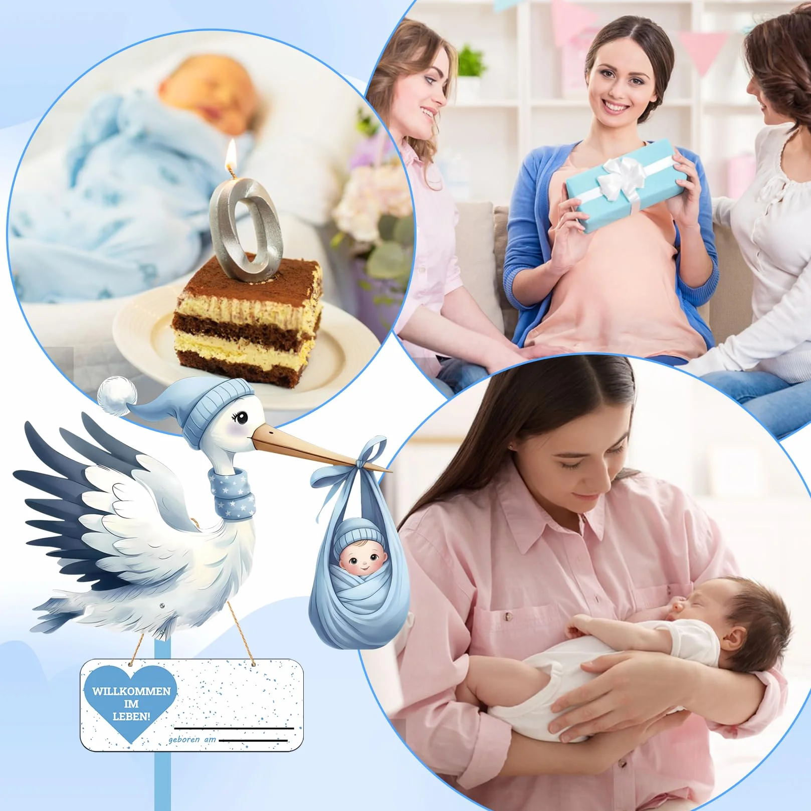Cigogne à Clapette Naissance Bébé Imprimé Deux Faces Bâton Bois Plaque Nominative Intérieur Extérieur Cadeau (Bleu)