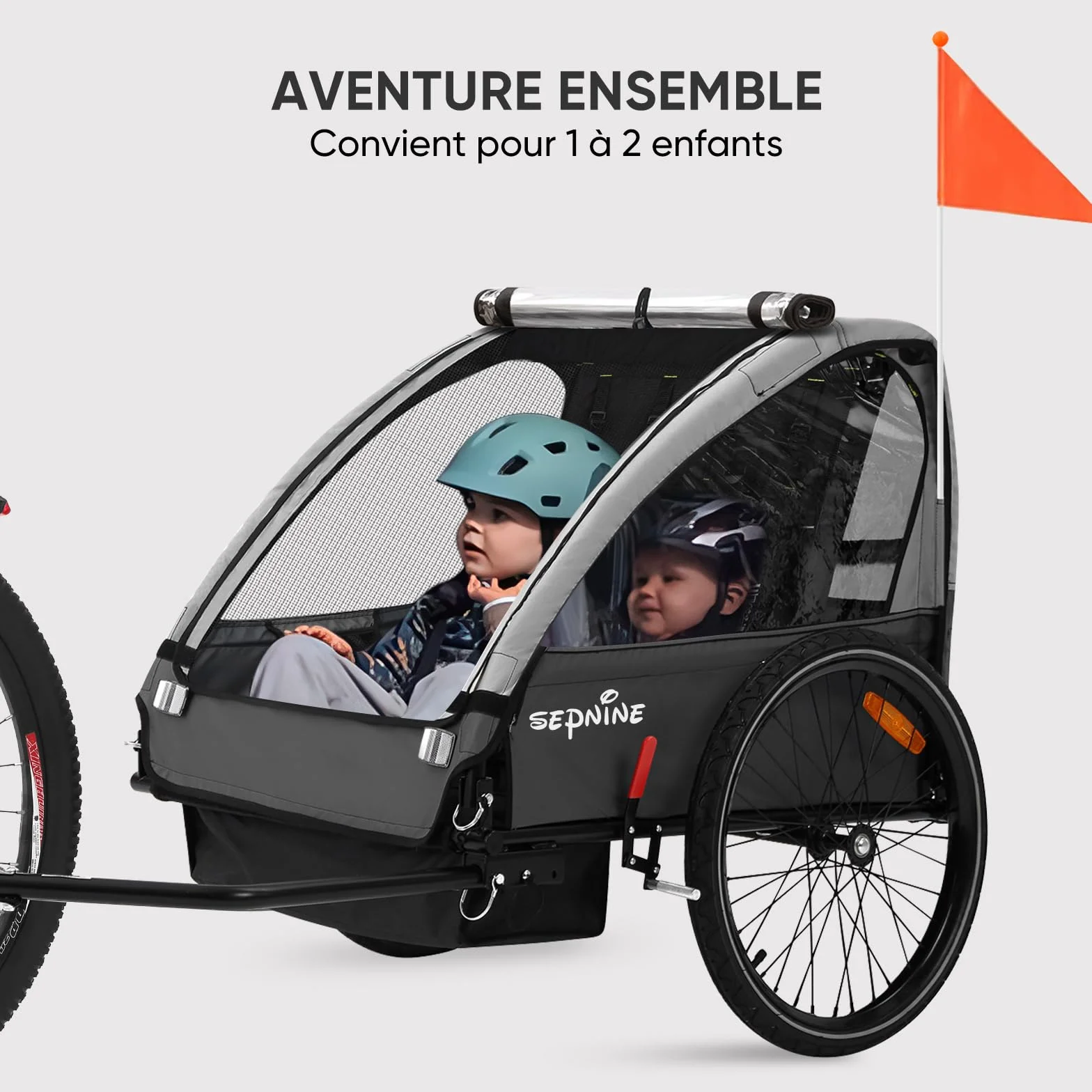 SEPNINE Remorque pour Enfant 2 Places Tout-Terrain Pliable avec Frein à Main 40 kg